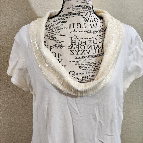 Cache Sequins‎ cowl neck winter white soft short sleeve sweater size large - Picture 2 of 6